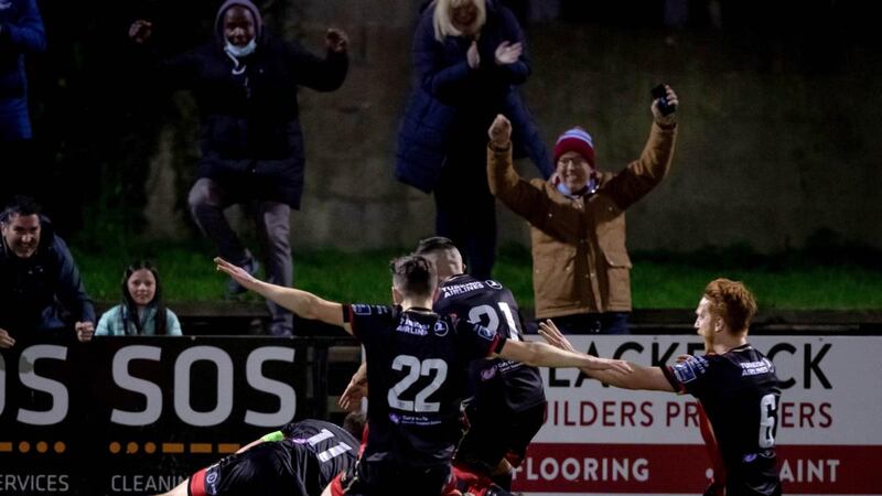 Drogheda United’s James Brown celebrates scoring a goal with team-mates during the SSE Airtricity League First Division game at  Stradbrook. Photograph: Morgan Treacy/Inpho