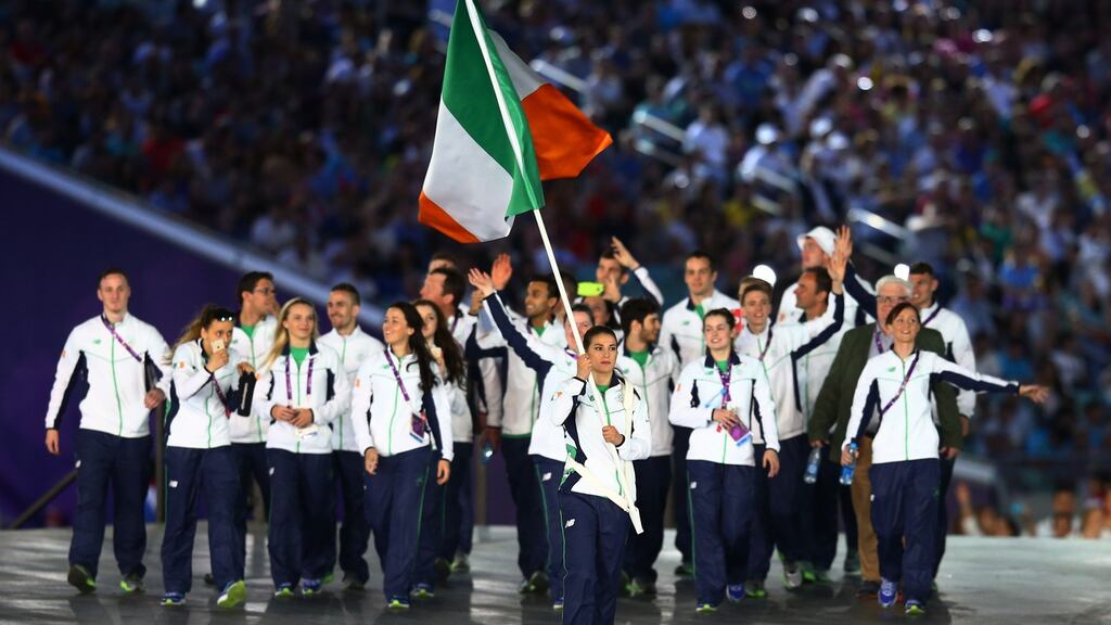 Katie Taylor leads the Ireland team into the stadium during the opening ceremony for the Baku 2015 European Games in Azerbaijan. Photo: Francois Nel/Getty Images