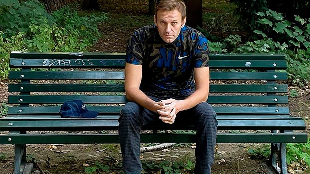 Alexei Navalny sitting on a bench in Berlin. “You just think: this is the end . . . it attacks your nervous system, an overload that breaks you,” he told Der Spiegel. Photograph: Instagram account @navalny/AFP via Getty Images)