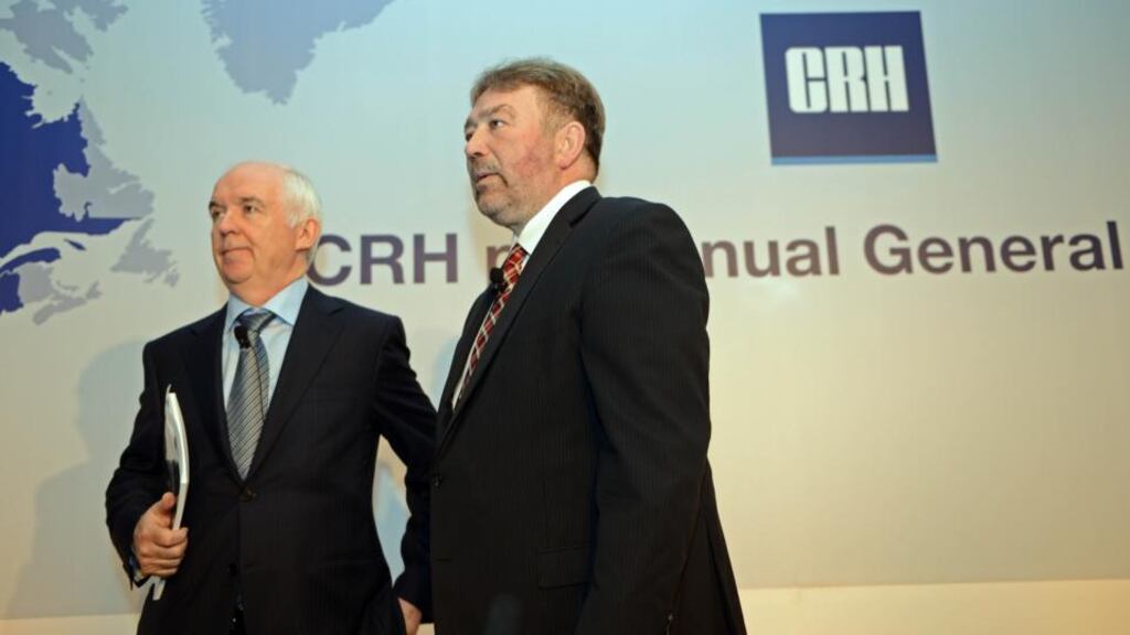 CRH chief executive Myles Lee and chairman Nicky Hartery at the CRH Annual General Meeting in Dun Laoghaire earlier this year. Photo: Eric Luke/The Irish Times