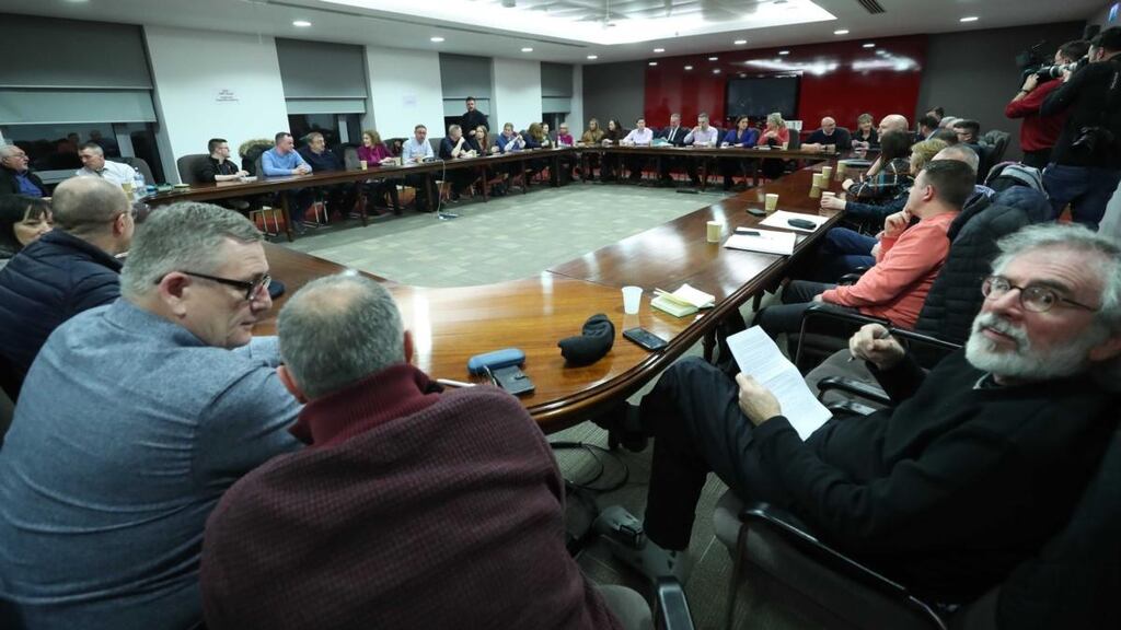 Former Sinn Féin president Gerry Adams looks on as the party’s leader, Mary Lou McDonald, addresses its national executive committee in Dublin on Monday. Photograph: Niall Carson/PA Wire