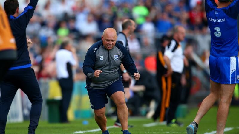 Waterford manager Derek McGrath celebrates a goal against Kilkenny. However Waterford did it, they needed to beat Kilkenny. And they did. Photograph: Cathal Noonan/Inpho