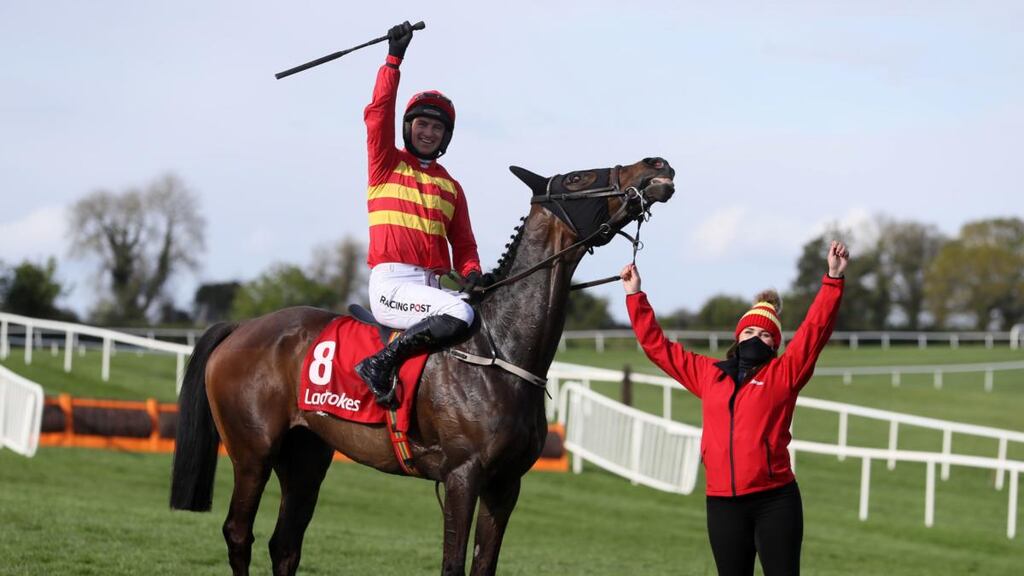 Patrick Mullins (left) and Klassical Dream celebrate winning the Ladbrokes Champion Stayers’ Hurdle with groom Eilish Byrne during day three of the Punchestown Festival. Photograph: Brian Lawless/PA Wire
