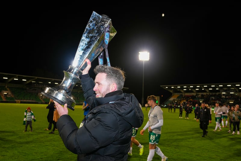 Stephen Bradley with the League of Ireland Premier Division trophy. Photograph: James Lawlor/Inpho