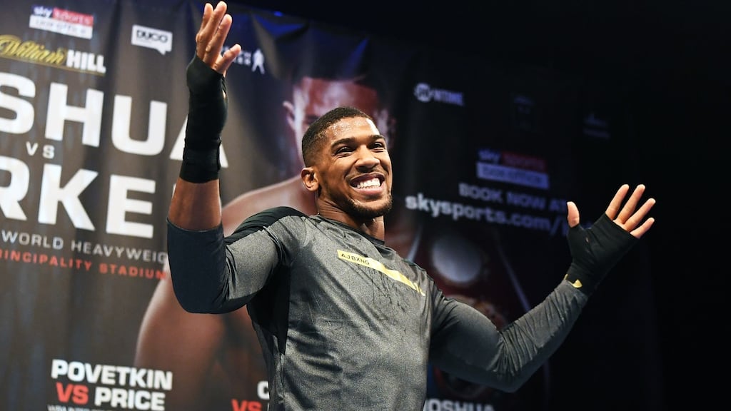 Anthony Joshua at the open workout at St David’s Hall, Cardiff ahead of Saturday’s fight against Joseph Parker. Photograph: Andrew Cornaga/Inpho/Photosport