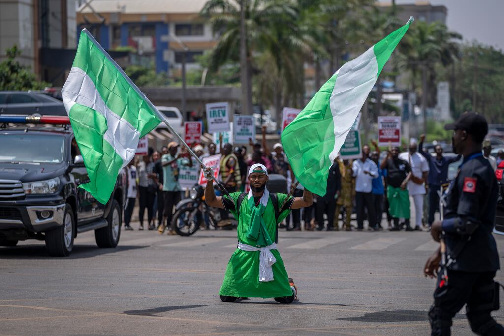 Protesters in Abuja accuse the election commission of irregularities. Photograph: Ben Curtis/AP