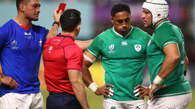 Nic Berry shows Bundee Aki a red card. Photograph: Michael Steele/Getty