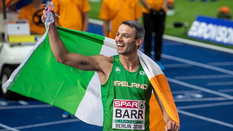 Thomas Barr celebrates finishing third in the 400m Hurdles final at the 2018 European Championships in Berlin. Photograph: Morgan Treacy/Inpho