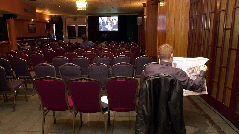 Members of the public viewing a video link to the hearing of the Morris Tribunal in Donegal. Photograph: Eric Luke/The Irish Times