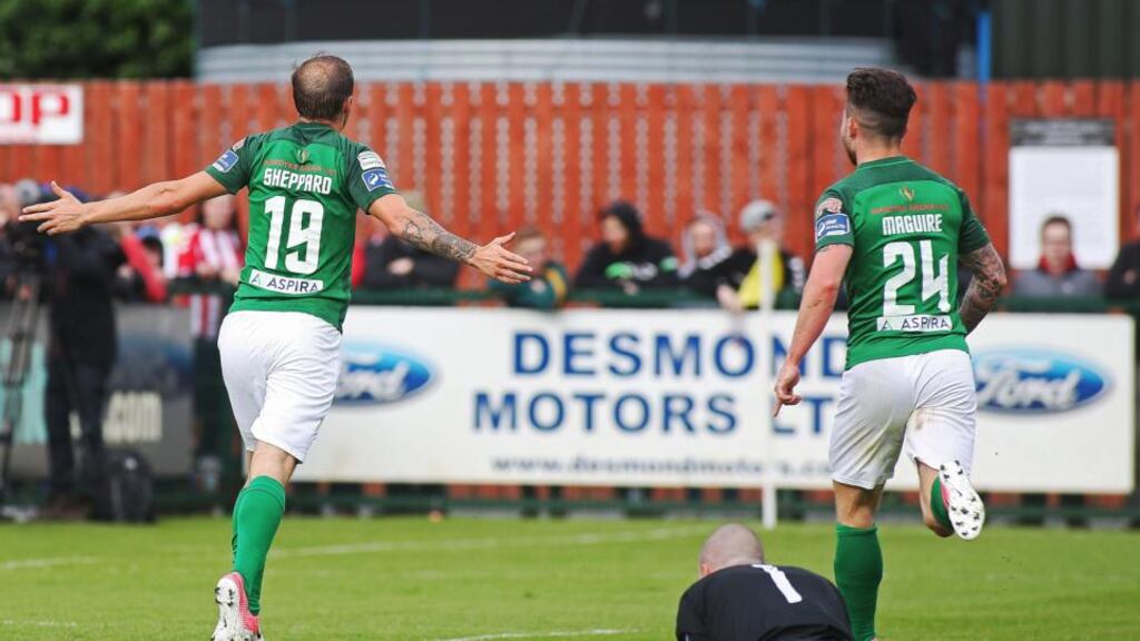 Cork’s Karl Sheppard celebrates his goal. Photograph: Inpho