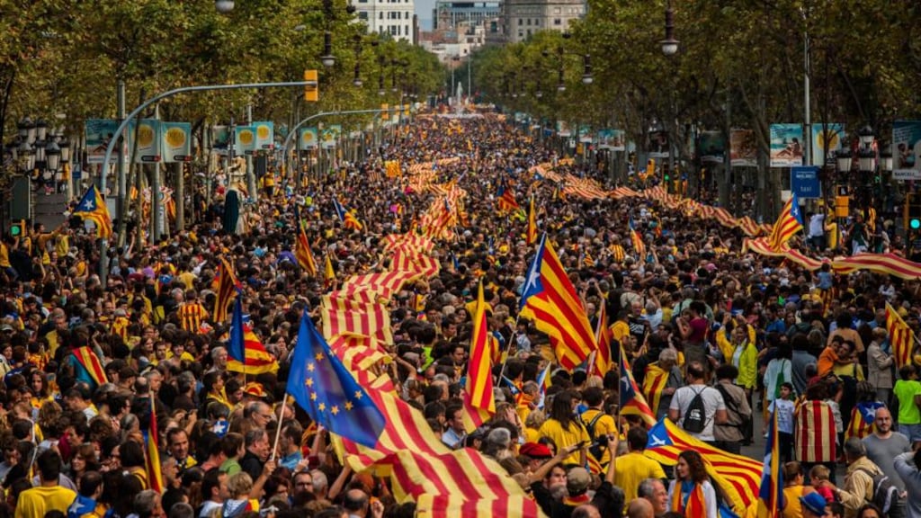 Demonstrators march during The National Day of Catalonia yesterday in Barcelona. Photograph: David Ramos/Getty Images.