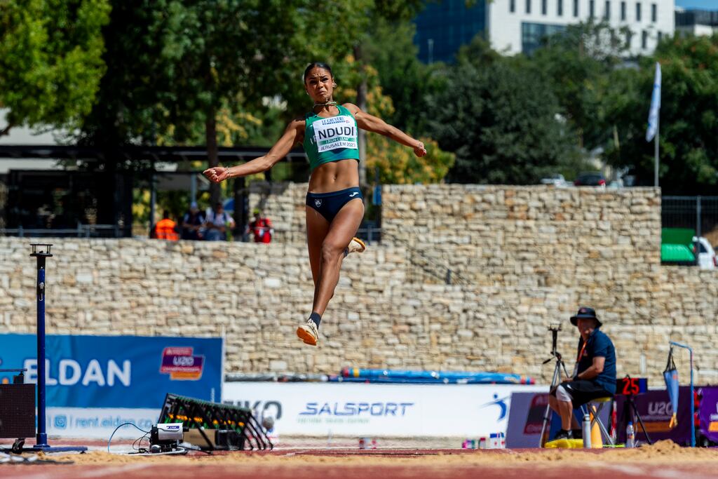 Ireland's Elizabeth Ndudi in action during the women's long jump final at the European Athletics Under-20 Championships in Jerusalem. Photograph: Jurij Kodrun/Getty Images for European Athletics