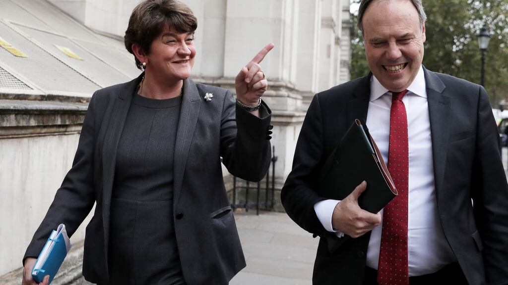 DUP leader Arlene Foster and deputy leader  Nigel Dodds. Foster said any solution for the Border, notably the backstop which she opposes, must command the support of both communities in the North. Photograph: by Dan Kitwood/Getty Images