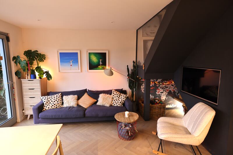 The space under the stairs is a handy play area for Lego and toys. Photograph: Dara Mac Dónaill