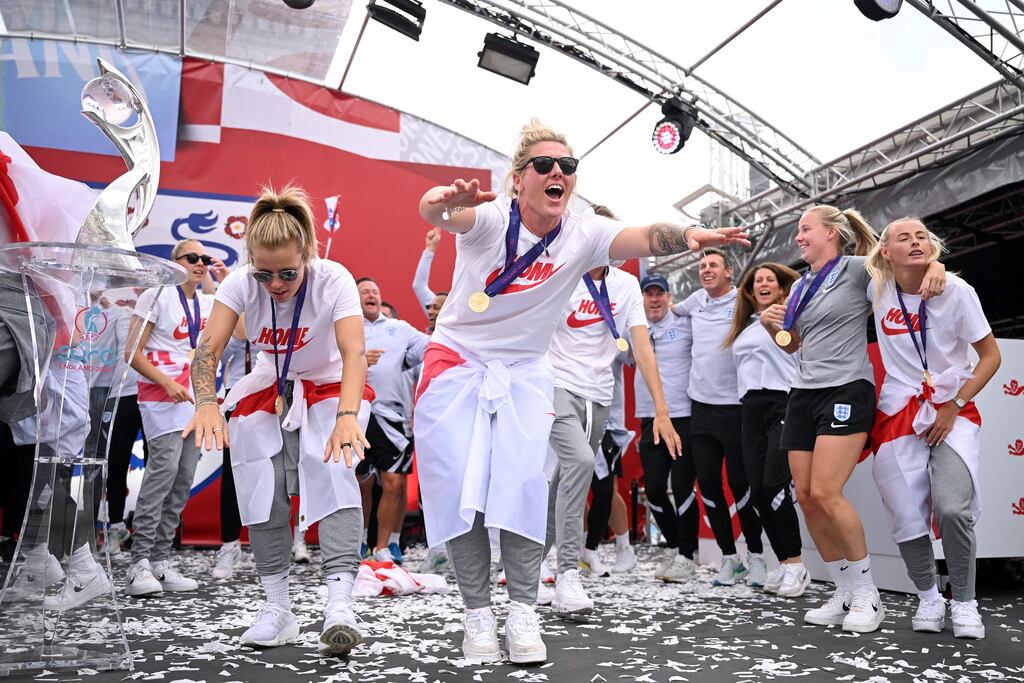 Rachel Daly and Millie Bright of England celebrate after winning the Women's European Championships. Photograph: Leon Neal/Getty