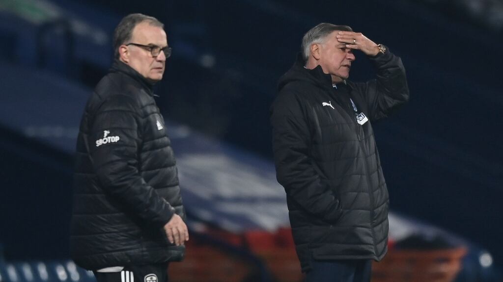 West Brom manager Sam Allardyce (right) and Leeds United counterpart Marcelo Bielsa on the sidelines at the Hawthorns. Photograph: Shaun Botterill/EPA