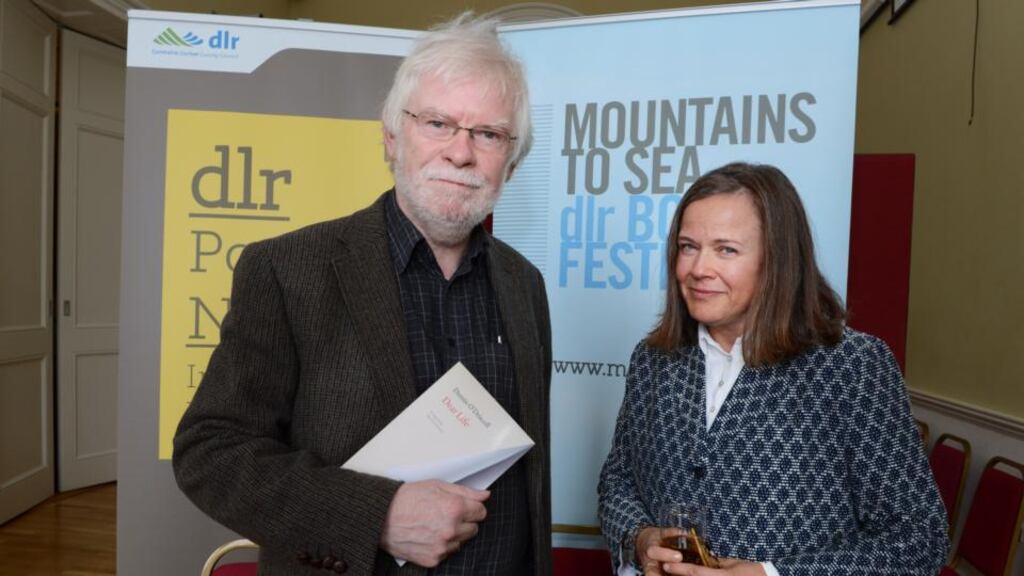 Poet and former Irish Times managing editor Gerry Smyth with Julie O’Callaghan, who accepted the Irish Times Poetry Now award on behalf of her husband, Dennis O’Driscoll. Photograph: Cyril Byrne