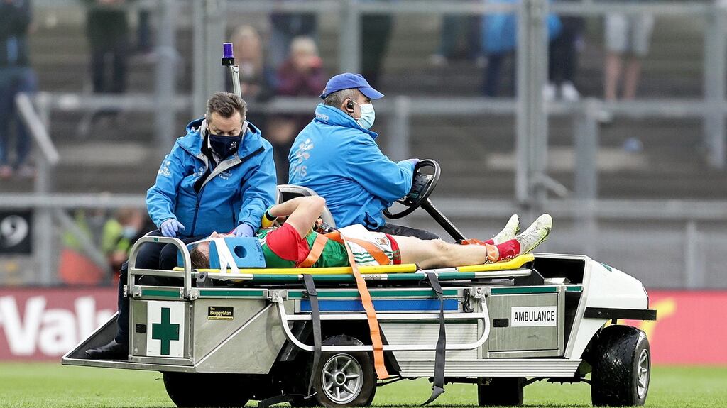 Mayo’s Eoghan McLaughlin leaves the field during the All-Ireland SFC semi-final against Dublin on Saturday. Photo: Laszlo Geczo/Inpho