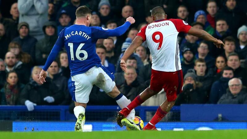 West Brom’s Salomon Rondon goes through the back of James McCarthy with a challenge which looks to have resulted ina broken leg for the Irishman. Photo: Jan Kruger/Getty Images
