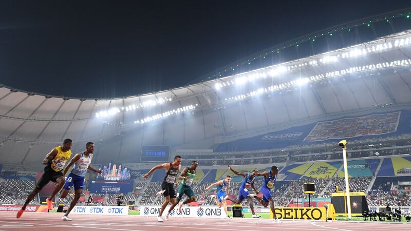 Christian Coleman crosses the finish line to win the men’s 100m final. Photograph: Jewel Samad/AFP/Getty Images