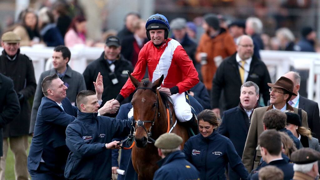 Jamie Codd celebrates Champion Bumper victory on Envoi Allen. Photograph: Paul Harding/PA