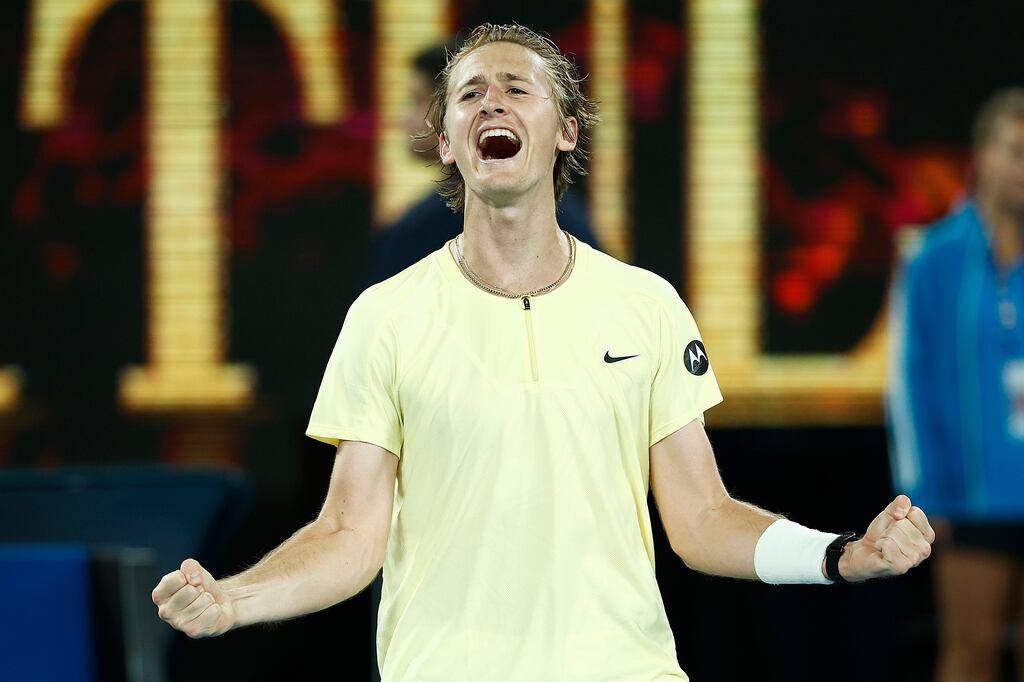 Sebastian Korda of the United States celebrates after beating Daniil Medvedev. Photograph: Daniel Pockett/Getty