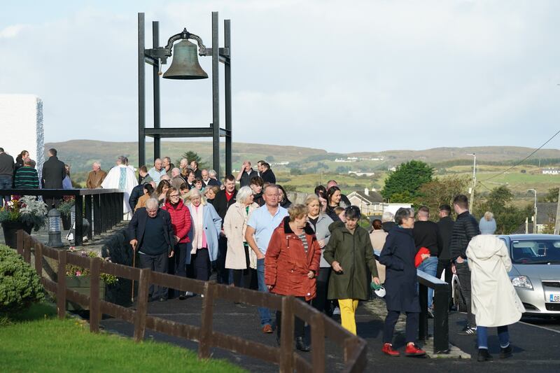 People leave St Michael's Church Creeslough after a Mass on Saturday morning. Photograph: Brian Lawless/{A