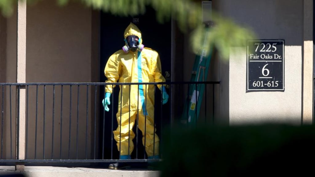 A hazmat team member arrives to clean a unit at the Ivy Apartments, where the confirmed Ebola virus patient was staying,  in Dallas, Texas. Photograph:  Joe Raedle/Getty Images