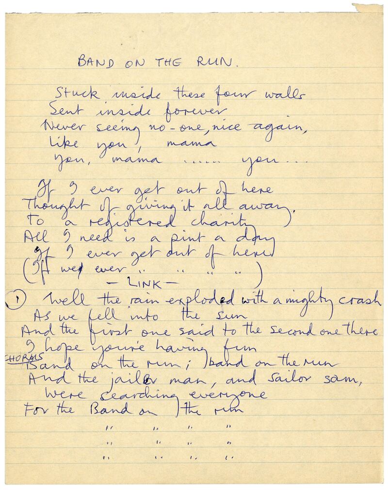 The lyrics for Band on the Run from 1973. Paul McCartney is publishing his lyrics spanning “my entire life”. Photograph: MPL Communications Inc Ltd/PA Wire