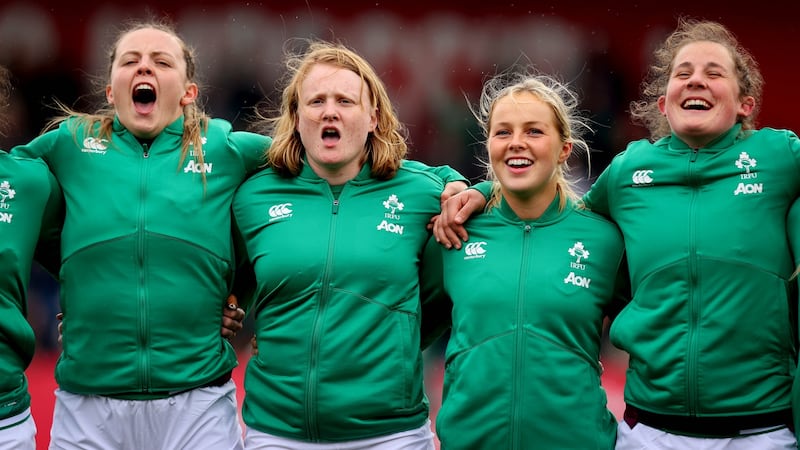 Aoife Wafer (second from left) signing the anthems on her Ireland debut, the Six Nations victory over Italy at Musgrave Park. Photograph: Ryan Byrne/Inpho