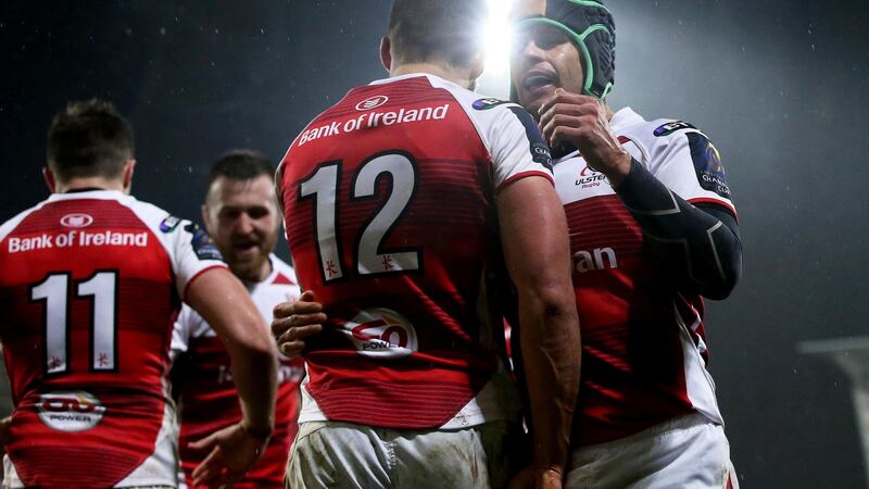 Ulster’s Stuart McCloskey celebrates scoring a try with Louis Ludik. Photograph: Tommy Dickson/Inpho