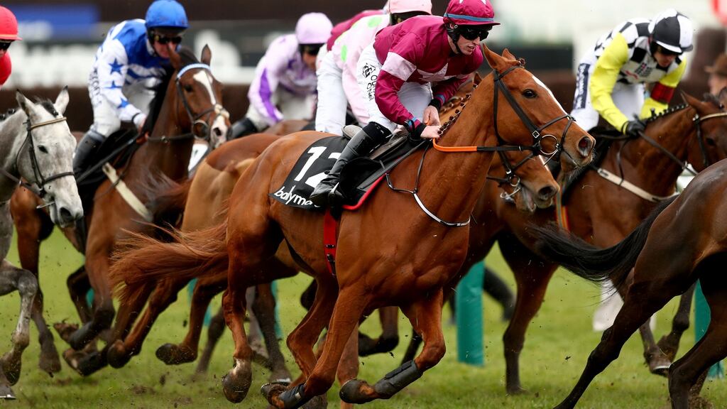 Jack Kennedy and Samcro on the way to victory in the Ballymore Novices Hurdle at Cheltenham. Photograph: James Crombie/Inpho