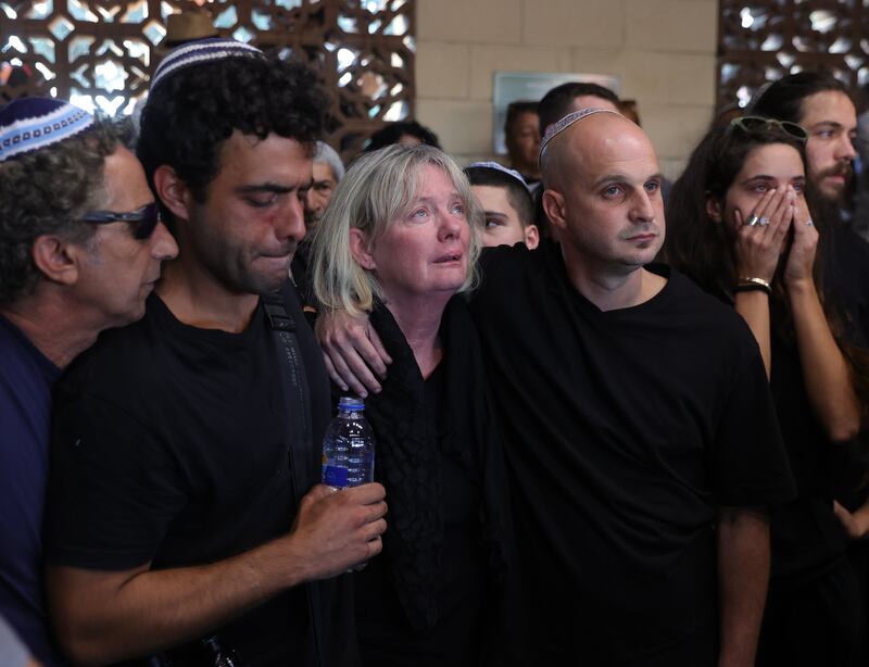 Jennifer and Daniel Damti, mother and brother of 22-year-old Israeli-Irish woman Kim Damti, mourn during her funeral in Gedera, Israel, in October. Photograph: Abir Sultan/EPA