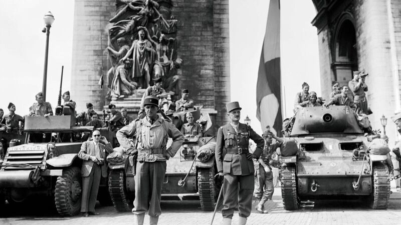 Col Louis Dio and Gen Philippe Leclerc wait to march on the Champs Élysées with the troops of the French 2nd Armoured Division on August 26th, 1944, to celebrate the Liberation of Paris. Photograph: Georges Melamed/AFP/Getty Images