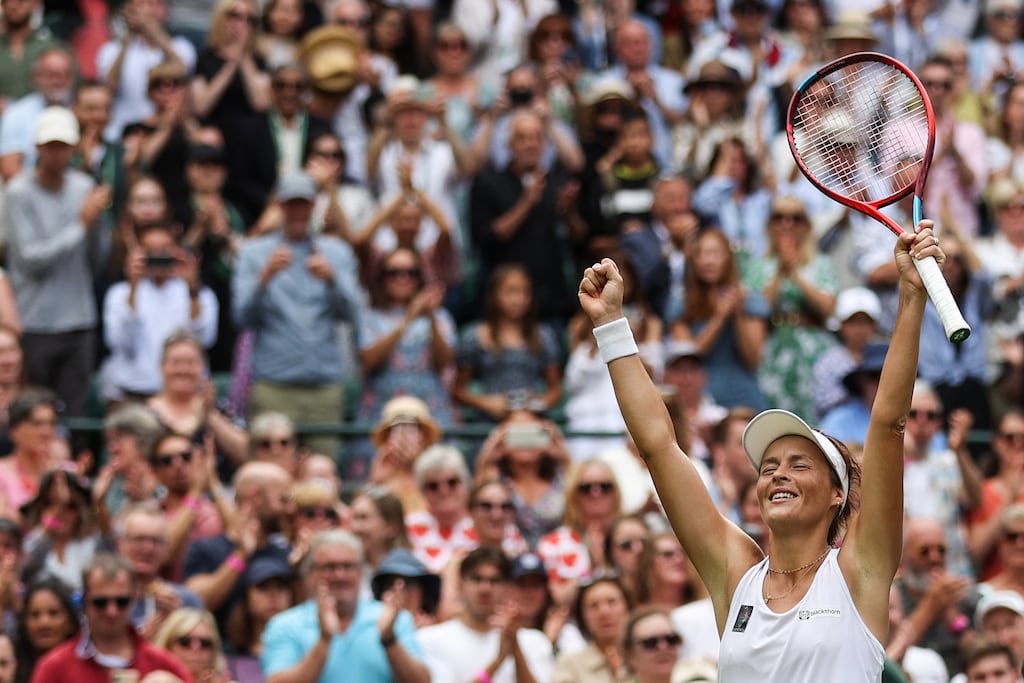 Germany's Tatjana Maria celebrates after winning her quarter-final match against compatriot Jule Niemeier at Wimbledon. Photograph: Adrian Dennis/AFP via Getty Images