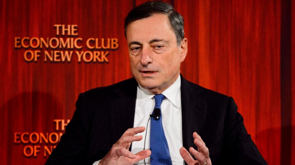 ECB president Mario Draghi: he told a gathering in New York that the expansion of his quantitative easing programme will funnel an additional €680 billion in liquidity into the financial system by 2019. Photograph: Justin Lane/EPA
