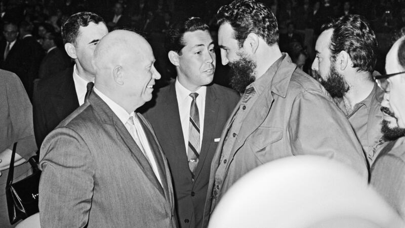 Nikita Khrushchev with Fidel Castro and Frederick  Boland at the 15th General Assembly meeting at the United Nations.