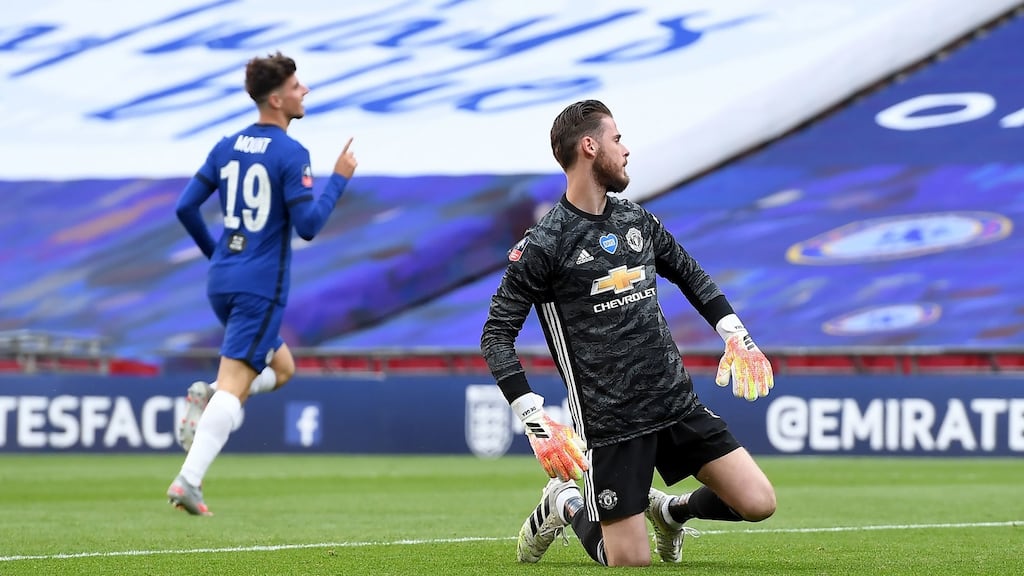 Chelsea’s Mason Mount celebrates scoring past Manchester United goalkeeper David de Gea. Photograph: PA