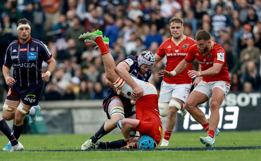 Munster's Tadhg Beirne is tackled illegally by Pierre Bochaton of Bordeaux in their Champions Cup quarter-final ln Bordeaux. Photograph: Dan Sheridan/Inpho