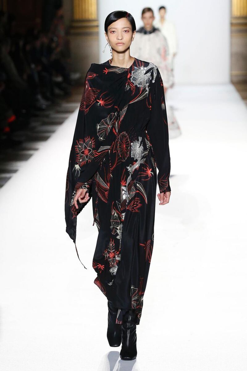 A model walks the runway during the Dries Van Noten show as part of the Paris Fashion Week Womenswear Fall/Winter 2018/2019 on February 28, 2018 in Paris, France.