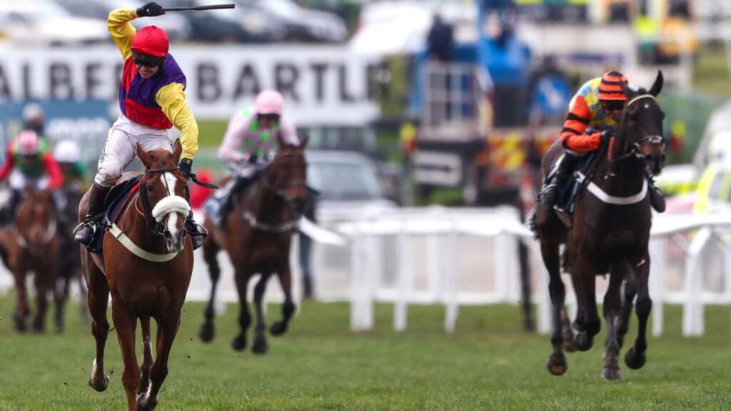 Richard Johnson and Native River win the Cheltenham Gold Cup ahead of Nico de Boinville and Might Bite. Photograph: James crombie/Inpho