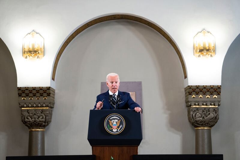 President Joe Biden speaks during a visit to the Augusta Victoria Hospital in East Jerusalem, on Friday, July 15th, 2022. On the eve of his visit, the White House said it would give $100 million to the network of hospitals it is part of. Photograph: Doug Mills/The New York Times
