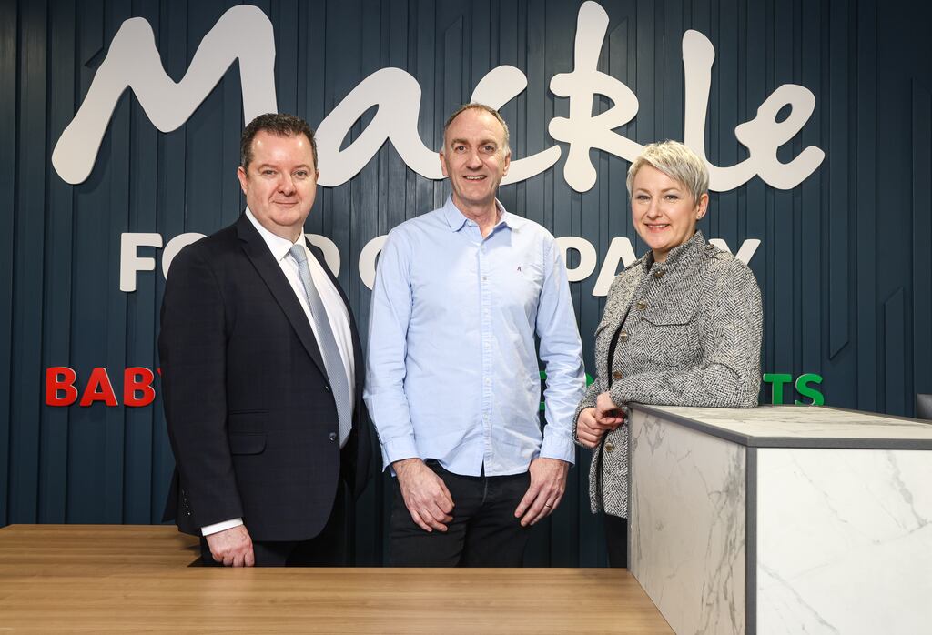 Mackle Food Company managing director Joseph Mackle (centre) with Invest Northern Ireland chief executive Kieran Donoghue and Gráinne Moody, director of that agency.