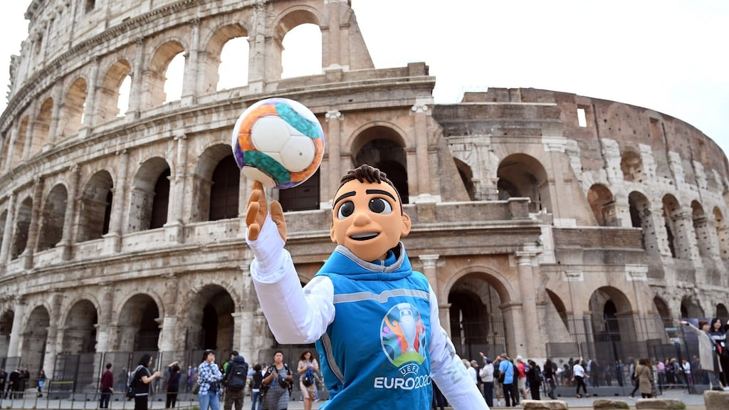 Skillzy, the Euro 2020 mascot, photographed in Rome ahead of tonight’s opening match between Italy and Turkey. Photograph: Claudio Villa/Getty Images