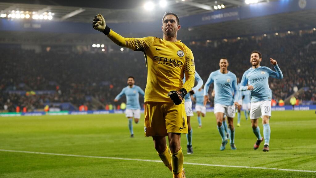 Manchester City’s Claudio Bravo celebrates winning the penalty shootout in their Carabao Cup clash with Leciester City. Photo: Darren Staples/Reuters