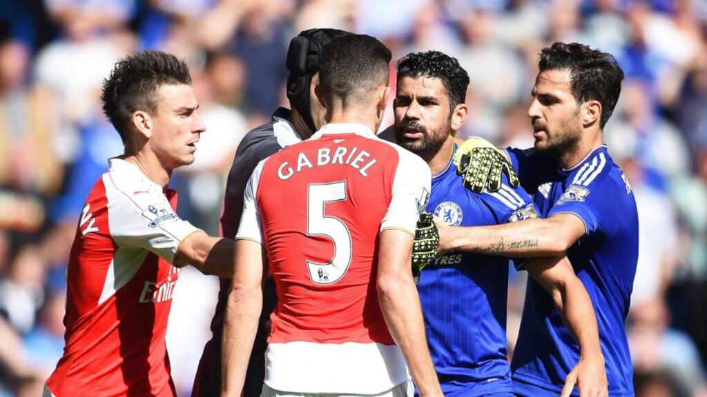 Chelsea’s Diego Costa has an altercation with Gabriel Paulista resulting in Gabriel being sent off on Saturday. Photograph: EPA