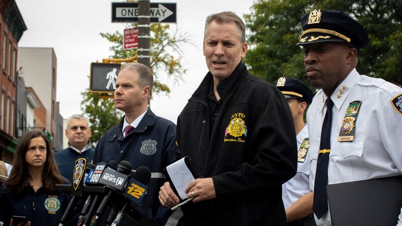Dermot Shea speaking to reporters in Brooklyn at a press conference last month. Photograph: Dave Sanders/The New York Times