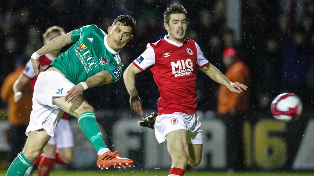 Cork City’s Graham Cummins scores a goal on an eventful night for him. Photograph: Laszlo Geczo/Inpho