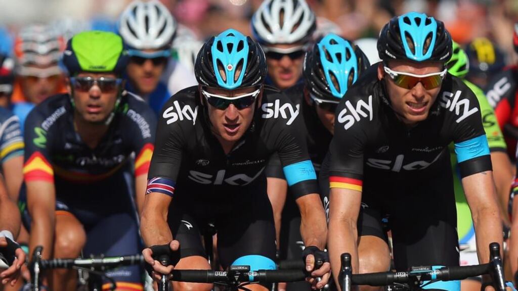 Bradley Wiggins (centre) has slipped to 23rd in the Giro d’Italia after a crash on stage seven. Photograph: Bryn Lennon/Getty Images Bradley Wiggins (centre) has slipped to 23rd in the Giro d’Italia after a crash on stage seven. Photograph: Bryn Lennon/Getty Images