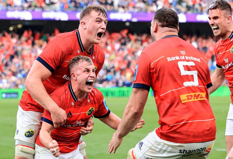 Munster players celebrate the victory over Leinster at the final whistle of the BKT United Rugby Championship semi-final at the Aviva Stadium. Photograph: Dan Sheridan/Inpho